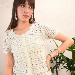 SASSAFRAS Self Design Round Neck Crochet Shirt Style Top-image-66