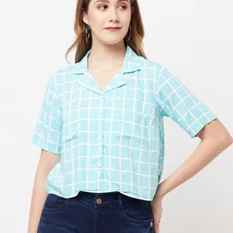 Crimsoune Club Women Blue & White Checked Shirt Style Crop Top-image-53