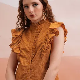 Tokyo Talkies Rust Self Design High Neck Flutter Sleeve Ruffles Shirt Style Top-picture-8