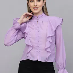 aayu Mandarin Collar Ruffles Georgette Shirt Style Top-picture-41