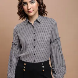 Tokyo Talkies White & Black Geometric Printed Cuffed Sleeves Shirt Style Top-image-96