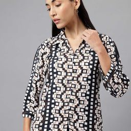 Latin Quarters Geometric Printed Mandarin Collar Shirt Style Top-picture-5