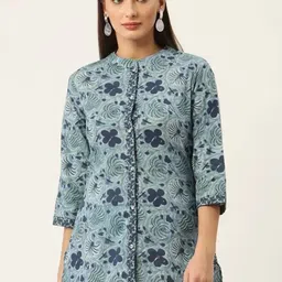 FABRIC FITOOR Blue & Green Floral Print Mandarin Collar Shirt Style Longline Top-image-5