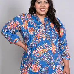 IX IMPRESSION Floral Printed Mandarin Collar Pleated Plus Size Regular Style Top-picture-10