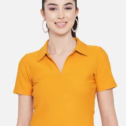 Orchid Blues Women Mustard Yellow Shirt Style Crop Top-image-49