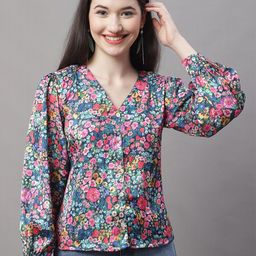 JAINISH Floral Printed V-Neck Cuffed Sleeves Satin Shirt Style Top-image-25