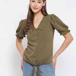 WineRed Olive Green Crepe Solid Shirt Style Top-picture-27