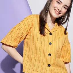DressBerry Striped Puff Sleeve Crepe Shirt Style Top-image-31