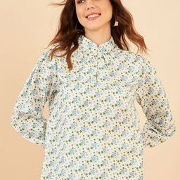 Marie Claire Beige & Blue Floral Printed Mandarin Collar Shirt Style Top-image-62