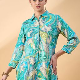 all about you Tropical Print Cuffed Sleeves Longline Shirt Style Top-image-5