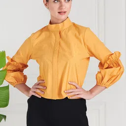 Athena Immutable Orange Mandarin Collar Puff Sleeves Cotton Shirt Style Top-image-22