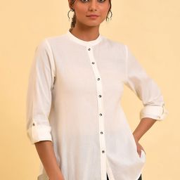 W White Mandarin Collar Roll-Up Sleeves Cotton Shirt Style Top-image-10