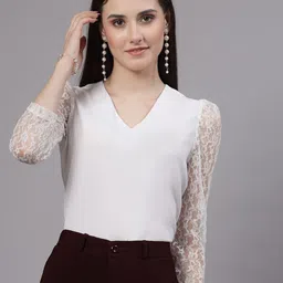 Style Quotient White V-Neck Puff Sleeve Lace Inserts Regular Top-image-95
