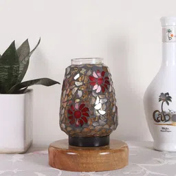 Devansh Grey & Red Printed Wooden Round Table Lamp With Mosaic Glass-29