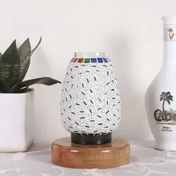 Devansh White & Red Printed Wooden Round Table Lamp With Mosaic Glass-6