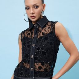 Athena Black Floral Sheer Net Shirt Sleeveless Style Denim Top-image-13