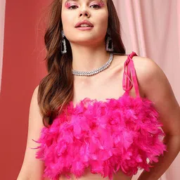 STREET 9 Fuchsia Shoulder Straps Feather Bralette Crop Top-35
