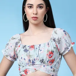 Oomph! Floral Printed Puff Sleeves Waist Tie-Up Regular Crop Top-image-31