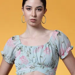 Oomph! Floral Printed Puff Sleeve Georgette Fitted Crop Top-image-45