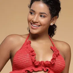 Velvery Solid Tie-Up Neck Crochet Bralette Crop Top-image-7