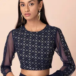 INDYA Women Navy Blue Foil Print Georgette Crop Top-picture-12