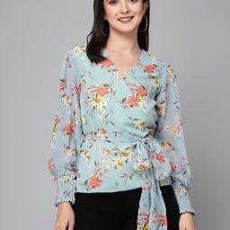 Style Quotient Green Floral Printed Puff Sleeves Tie-Ups Georgette Wrap Top-image-69