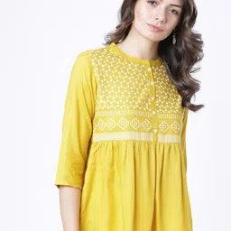 Vishudh Mustard & White Printed Gathered Top-image-80