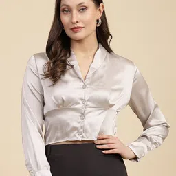 Freehand by The Indian Garage Co Shawl Collar Cuffed Sleeves Satin Crop Fitted Top-image-57