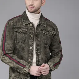 Roadster Men Grey Washed Denim Jacket With Striped Detailing-picture-28