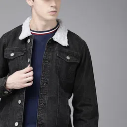 Roadster Men Black Solid Denim Jacket With Faux Fur Trims-image-73