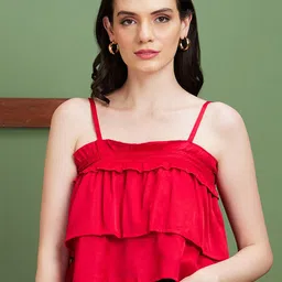 Globus Red Shoulder Strap Layered Crop Top-image-69