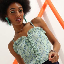 Veni Vidi Vici Green & Blue Floral Frilled Printed Crop Top-image-69