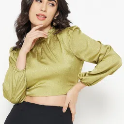 Madame Self Design High Neck Puffed Sleeves Crop Fitted Top-image-24