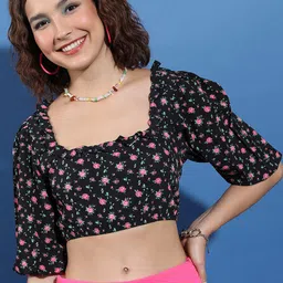 Tokyo Talkies Floral Printed Puff Sleeve Regular Crop Top-image-97