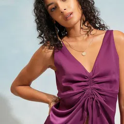 Tokyo Talkies Solid V-Neck Ruched Top-image-84