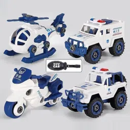 DIY Police Vehicle Set Toy Kids Bike Jeep Security Van Helicopter Toy Assembling-image-91
