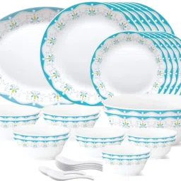 Pack of 33 Opalware present Borosil TIARA ROYAL JADE 33 pcs Opal Glass dinner set{{Dinner plate 11"(6 pcs) || Quarter plate (6 pcs) || Oval platter (1 Pcs) || Veg bowl (6 Pcs) || Soup Bowl (6 pcs) || Spoon (6 pcs) || Serving bowl medium (2 Pcs)}} Dinner Set-0