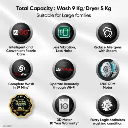 lg 9 kg Front Load Washer Dryer with AI Direct Drive Technology, Wi-Fi Enabled , Steam remove allergen & Turbo Wash Ready to Wear Clothes Fully Automatic Front Load with In-built Heater Black image 4