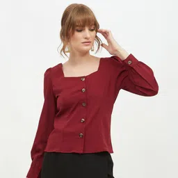 harpa Casual Regular Sleeves Solid Women Maroon Top-picture-6