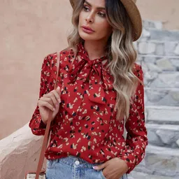 Kotty Red Abstract Printed Tie-Up Neck Regular Top image 4