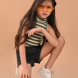 LilPicks Girls Horizontal Stripes Turtle Neck Ribbed Cotton Fitted Crop Top-50