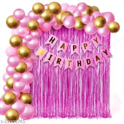Printed Happy Birthday Banner Pink With 30 Pcs HD Metallic Balloon (Pink, Gold & White) 2 Pcs Pink Curtain Decoration Kit for Boys & Girls balloons (Pack of 33) Balloon-23