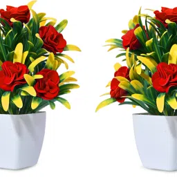 s-biv Set of 4 Flower Red And Blue 2-2 Pcs For Decoration Home Office And Shop Multicolor Rose Artificial Flowerwith Pot image 5