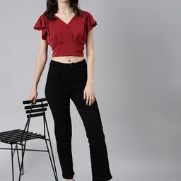 SHOWOFF Flutter Sleeve Crepe Styled Back Crop Top image 5