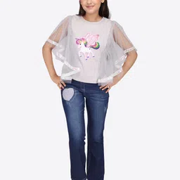 CUTECUMBER Girls Print Flutter Sleeve Net Top image 4