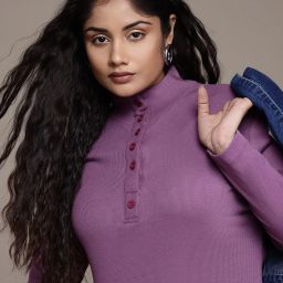 Women Solid High Neck Pure Cotton Purple T-Shirt-image-18