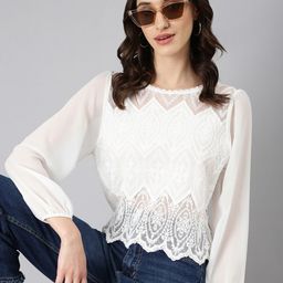 SHOWOFF Self Design Round Neck Puff Sleeves Cotton Top-image-27