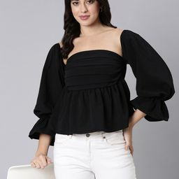 SHOWOFF Square Neck Bell Sleeves Gathered Detailed Peplum Top-image-17