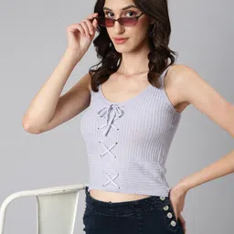 SHOWOFF Self Design Shoulder Straps Striped Crop Top-54