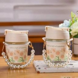 Cute Floral Glass Bottle with Pearl Strap for Kids & Adults - 350ml Sipper-image-45